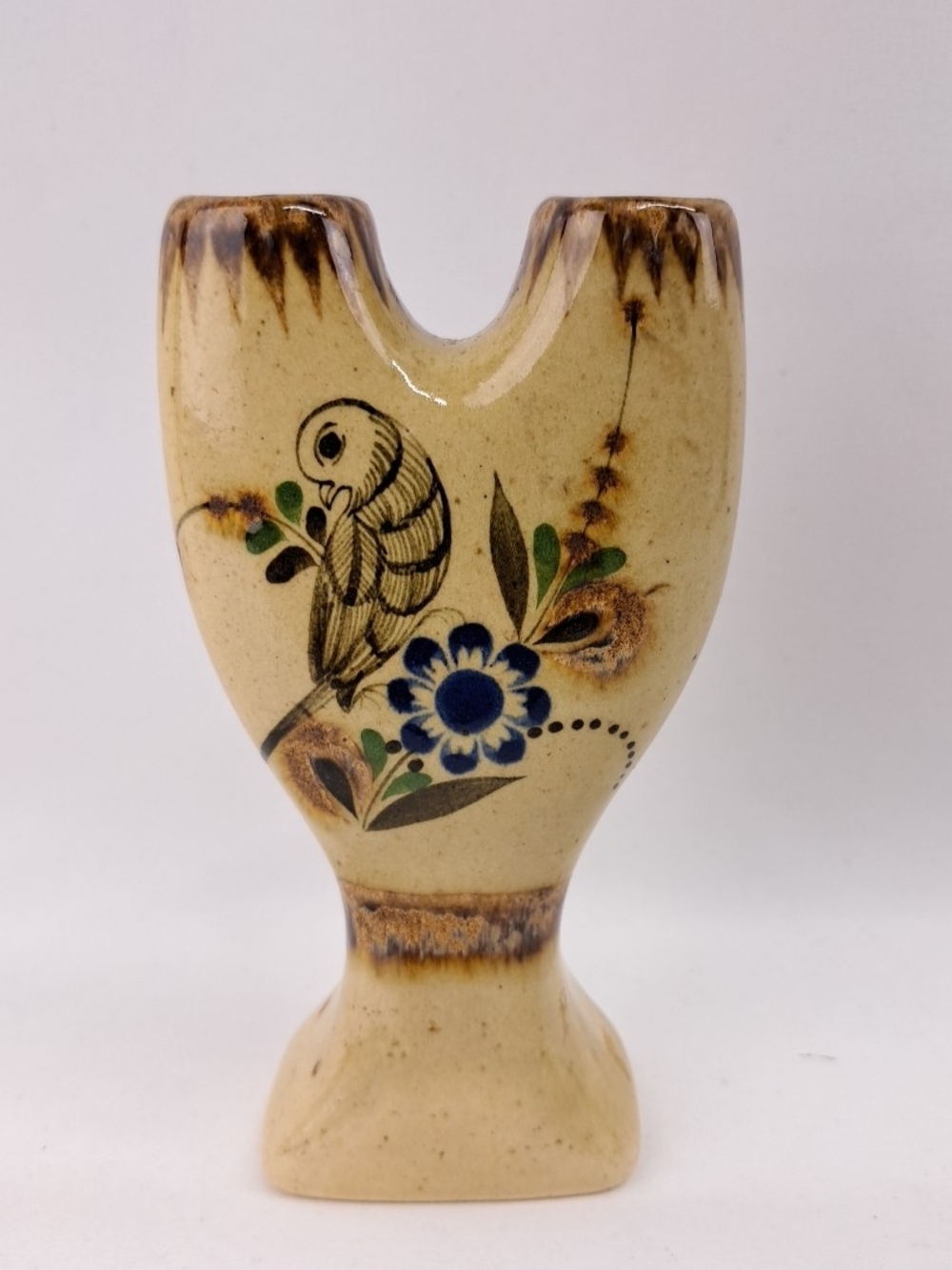 Hand-Painted Beige Ceramic Tonala Mexican with Blue Floral & Bird Design
